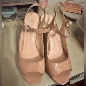Franco Sarto Nude Blush Peep Toe Heels with Ankle Strap
